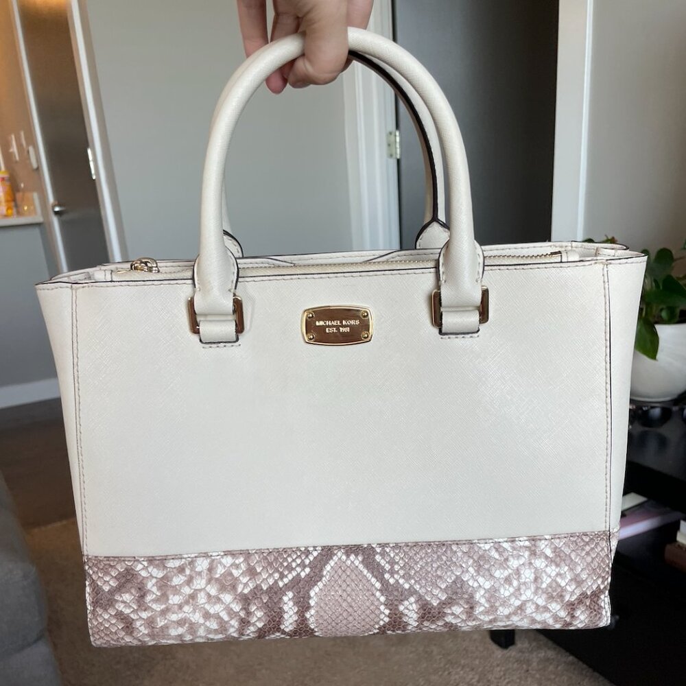 Michael Kors Kellen Cream/Dark Sand Leather Snake Skin Satchel w/ Top Handle
